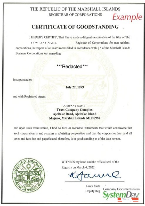 Marshal Islands Certificate of Good Standing